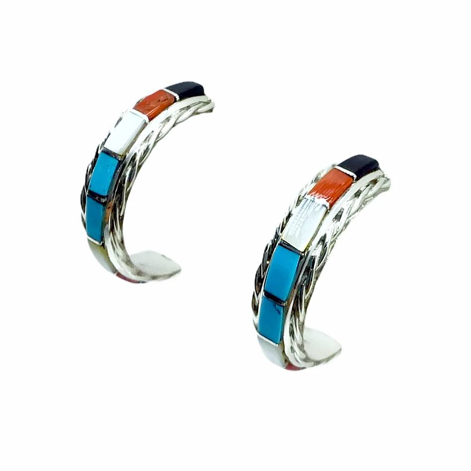 Native American Earrings - Zuni Medium Multi-Stone Sterling Silver Hoop Earrings - Malcolm Chavez - Native American