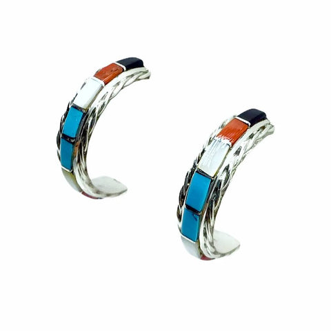 Image of Native American Earrings - Zuni Medium Multi-Stone Sterling Silver Hoop Earrings - Malcolm Chavez - Native American