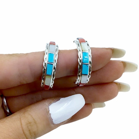 Image of Native American Earrings - Zuni Medium Multi-Stone Sterling Silver Hoop Earrings - Malcolm Chavez - Native American