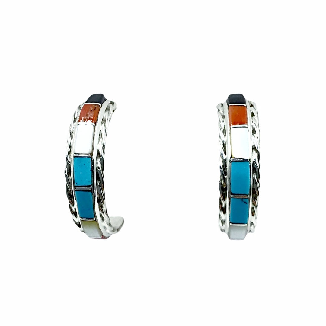 Native American Earrings - Zuni Medium Multi-Stone Sterling Silver Hoop Earrings - Malcolm Chavez - Native American