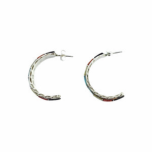 Native American Earrings - Zuni Medium Multi-Stone Sterling Silver Hoop Earrings - Malcolm Chavez - Native American