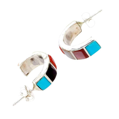 Image of Native American Earrings - Zuni Multi-Stone Sterling Hoop Earrings