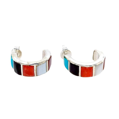 Image of Native American Earrings - Zuni Multi-Stone Sterling Hoop Earrings