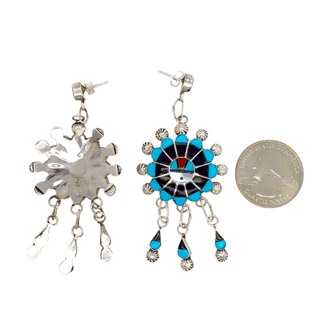Image of Native American Earrings - Zuni Multistone Inlay Sunface Dangle Earrings