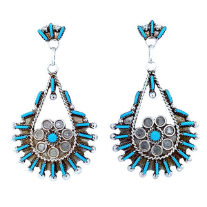 Native American Earrings - Zuni Needle Point Sleeping Beauty Turquoise Sterling Dangle Earrings