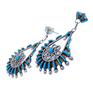 Native American Earrings - Zuni Needle Point Sleeping Beauty Turquoise Sterling Dangle Earrings