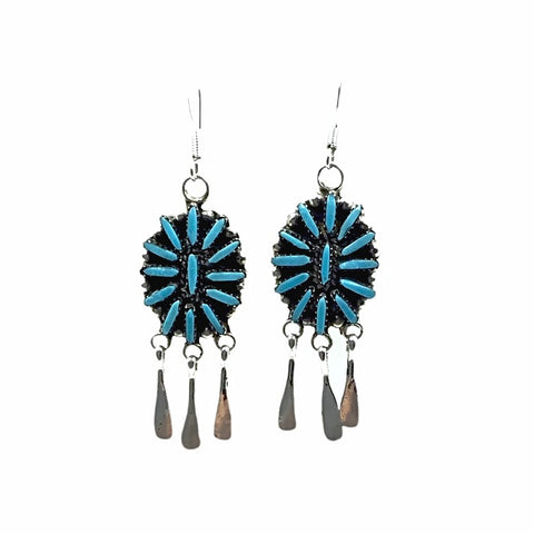 Image of Native American Earrings - Zuni Needle Point Sleeping Beauty Turquoise Sterling Silver Dangle Chandelier French Hook Earrings - George Peina - Native American