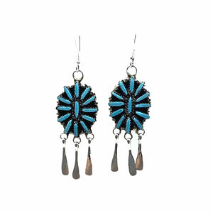 Native American Earrings - Zuni Needle Point Sleeping Beauty Turquoise Sterling Silver Dangle Chandelier French Hook Earrings - George Peina - Native American