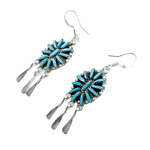 Native American Earrings - Zuni Needle Point Sleeping Beauty Turquoise Sterling Silver Dangle Chandelier French Hook Earrings - George Peina - Native American