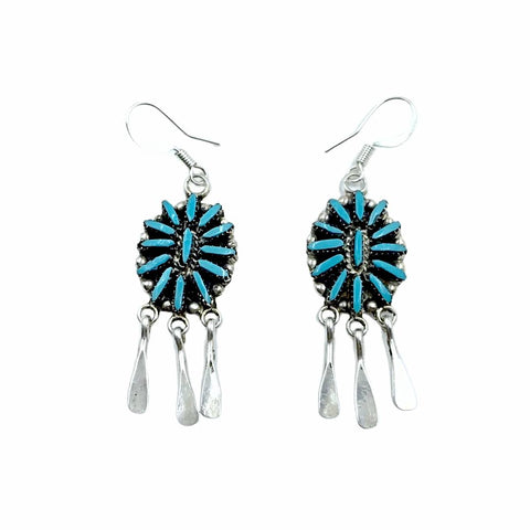 Image of Native American Earrings - Zuni Needle Point Sleeping Beauty Turquoise Sterling Silver Dangle Chandelier French Hook Earrings - George Peina - Native American