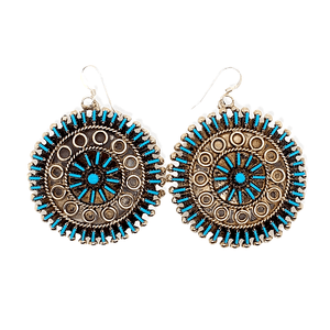 Native American Earrings - Zuni Needlepoint Turquoise Round Hook Earrings