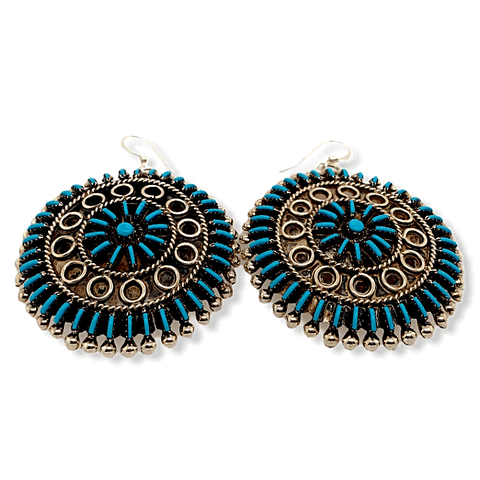 Image of Native American Earrings - Zuni Needlepoint Turquoise Round Hook Earrings