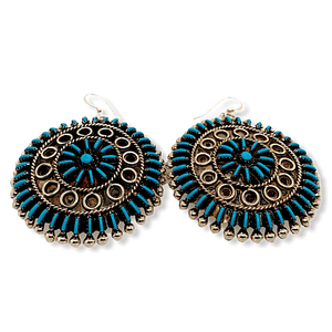 Native American Earrings - Zuni Needlepoint Turquoise Round Hook Earrings
