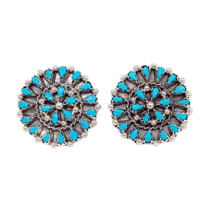 Native American Earrings - Zuni Petit Point Sleeping Beauty Turquoise Cluster Sterling Stud Earrings - T Leekit