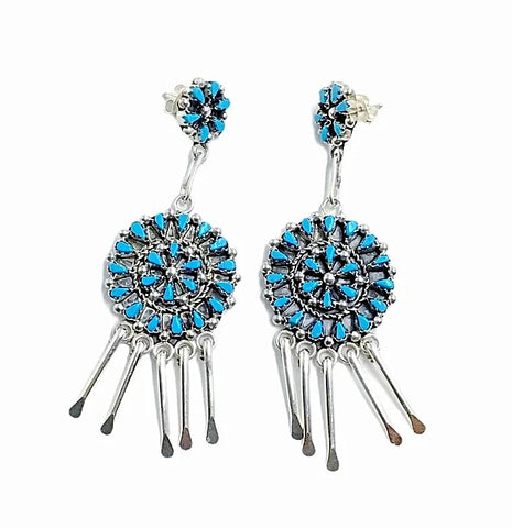 Image of Native American Earrings - Zuni Petit Point Sleeping Beauty Turquoise Sterling Silver Dangle Chandelier Earrings - Native American