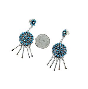 Native American Earrings - Zuni Petit Point Sleeping Beauty Turquoise Sterling Silver Dangle Chandelier Earrings - Native American