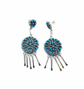Native American Earrings - Zuni Petit Point Sleeping Beauty Turquoise Sterling Silver Dangle Chandelier Earrings - Native American