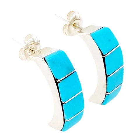 Image of Native American Earrings - Zuni Sleeping Beauty Turquoise Inlaid Sterling Earrings - Gilbert Kanesta