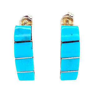 Native American Earrings - Zuni Sleeping Beauty Turquoise Inlaid Sterling Earrings - Gilbert Kanesta