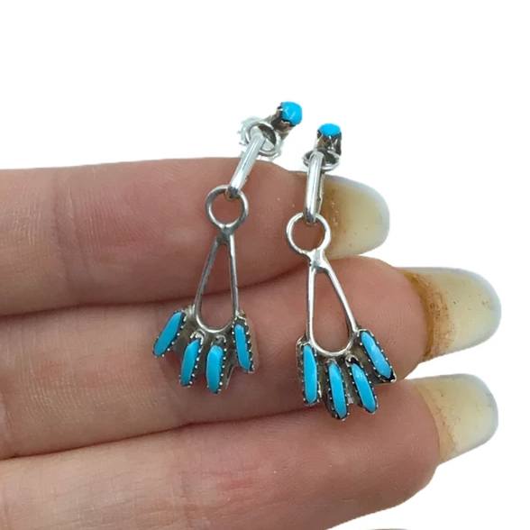 Native American Earrings - Zuni Sleeping Beauty Turquoise Needle-Point Sterling Dangle Post Earrings - Native American