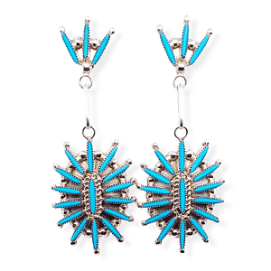 Native American Earrings - Zuni Sleeping Beauty Turquoise Needlepoint Earrings -Dangle Post