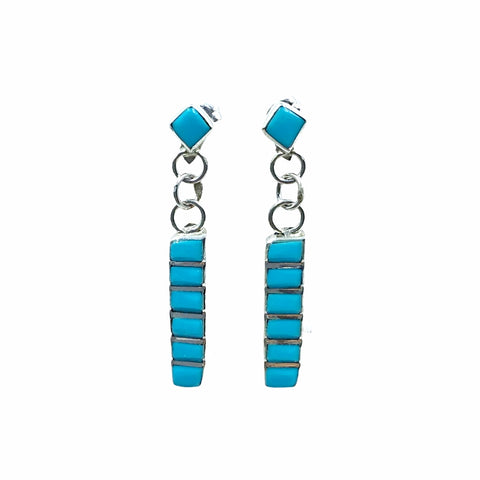 Image of Native American Earrings - Zuni Sleeping Beauty Turquoise Row Inlay Sterling Silver Dangle Post Earrings - Native American