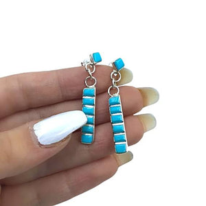 Native American Earrings - Zuni Sleeping Beauty Turquoise Row Inlay Sterling Silver Dangle Post Earrings - Native American