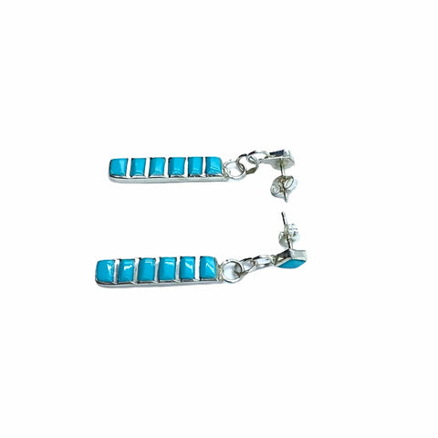 Image of Native American Earrings - Zuni Sleeping Beauty Turquoise Row Inlay Sterling Silver Dangle Post Earrings - Native American