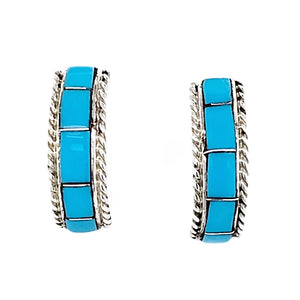 Native American Earrings - Zuni Sleeping Beauty Turquoise Sterling Hoop Earrings - Zenia Kylestewa