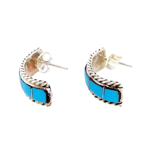 Image of Native American Earrings - Zuni Sleeping Beauty Turquoise Sterling Hoop Earrings - Zenia Kylestewa