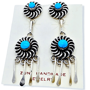 Native American Earrings - Zuni Sleeping Beauty Turquoise Sun Swirl Dangle Earrings