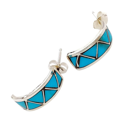 Image of Native American Earrings - Zuni Sleeping Beauty Turquoise Triangle Inlay Half Hoop Earrings