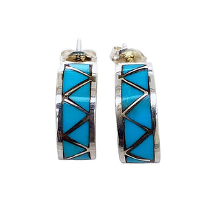 Native American Earrings - Zuni Sleeping Beauty Turquoise Triangle Inlay Half Hoop Earrings