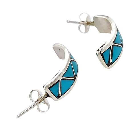 Image of Native American Earrings - Zuni Sleeping Beauty Turquoise Triangle Inlay Half Hoop Earrings