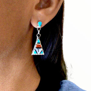 Native American Earrings - Zuni Triangle Multi-Stone Inlay Sterling Silver Dangle Earrings - Native American