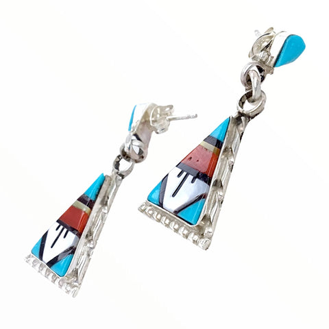 Image of Native American Earrings - Zuni Triangle Multi-Stone Inlay Sterling Silver Dangle Earrings - Native American