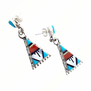 Native American Earrings - Zuni Triangle Multi-Stone Inlay Sterling Silver Dangle Earrings - Native American