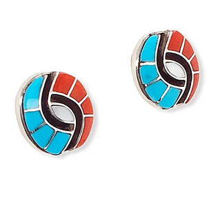 Native American Earrings - Zuni Turquoise, Coral & Mother Of Pearl Swirl Earrings - Amy Quandelacy