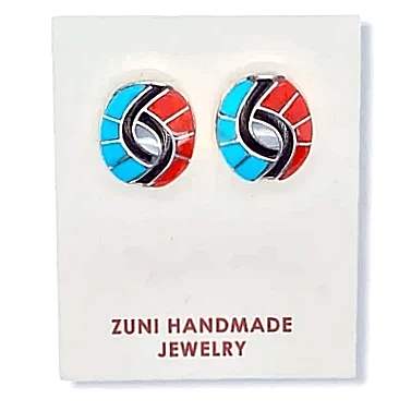 Image of Native American Earrings - Zuni Turquoise, Coral & Mother Of Pearl Swirl Earrings - Amy Quandelacy
