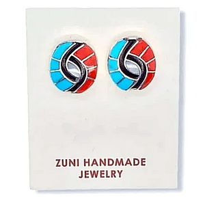 Native American Earrings - Zuni Turquoise, Coral & Mother Of Pearl Swirl Earrings - Amy Quandelacy