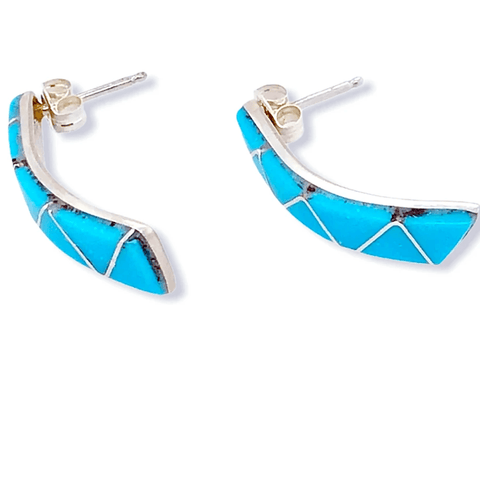 Image of Native American Earrings - Zuni Turquoise Inlay Curve Earrings - Rufina Halusewa
