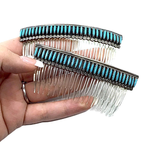 Image of Native American Jewelry - Pair Of Old Pawn Zuni Needlepoint Turquoise Sterling Silver Hair Comb Barrette - Native American