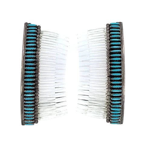 Image of Native American Jewelry - Pair Of Old Pawn Zuni Needlepoint Turquoise Sterling Silver Hair Comb Barrette - Native American