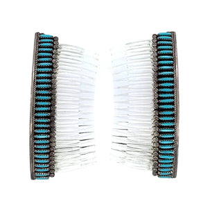 Native American Jewelry - Pair Of Old Pawn Zuni Needlepoint Turquoise Sterling Silver Hair Comb Barrette - Native American