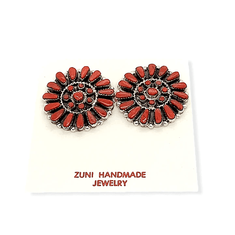 Image of Native American Jewelry - Zuni Coral Petit Point Earrings  -Post