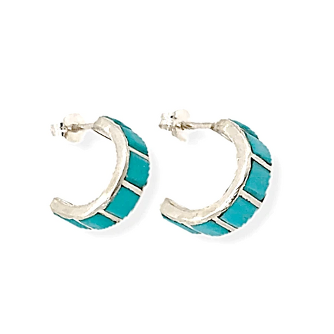 Image of Native American Jewelry - Zuni Inlay Turquoise Half Hoop Earrings  -Mini Hoop Post
