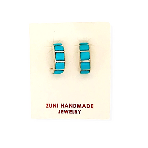 Native American Jewelry - Zuni Inlay Turquoise Half Hoop Earrings  -Mini Hoop Post