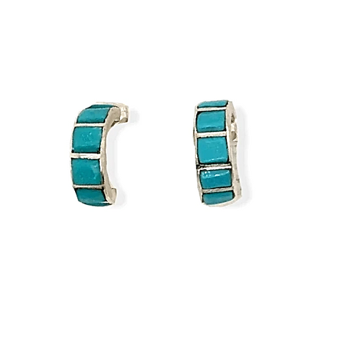 Image of Native American Jewelry - Zuni Inlay Turquoise Half Hoop Earrings  -Mini Hoop Post
