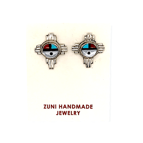 Image of Native American Jewelry - Zuni Inlay Zia Sunface Earrings  -Post