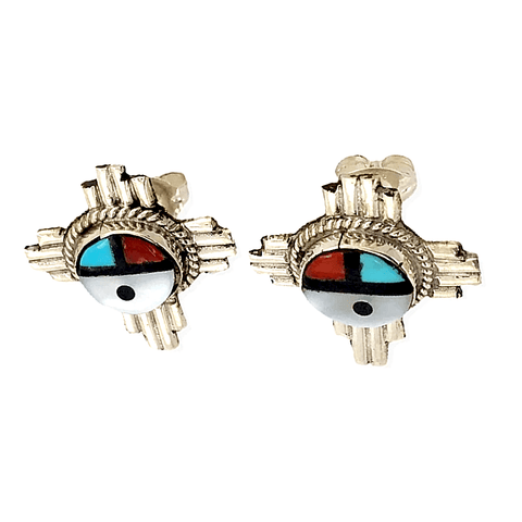 Image of Native American Jewelry - Zuni Inlay Zia Sunface Earrings  -Post